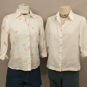 Two 100% Linen Blouses Lightweight White + 3/4 sleeve M Natural Fiber one floral